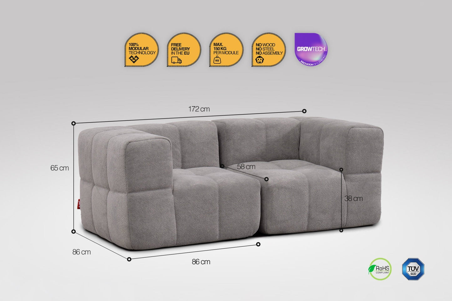 EEAZI Modulares Sofa – Flexibles Design für jeden Raum – 2-teilig Grau