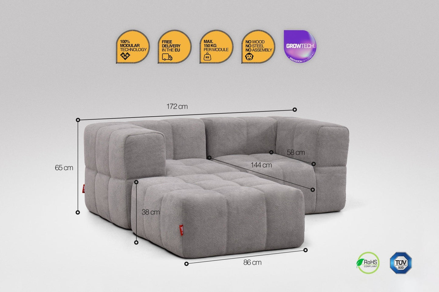 EEAZI Modulares Sofa – Flexibles Design für jeden Raum – 3-teilig, Grau