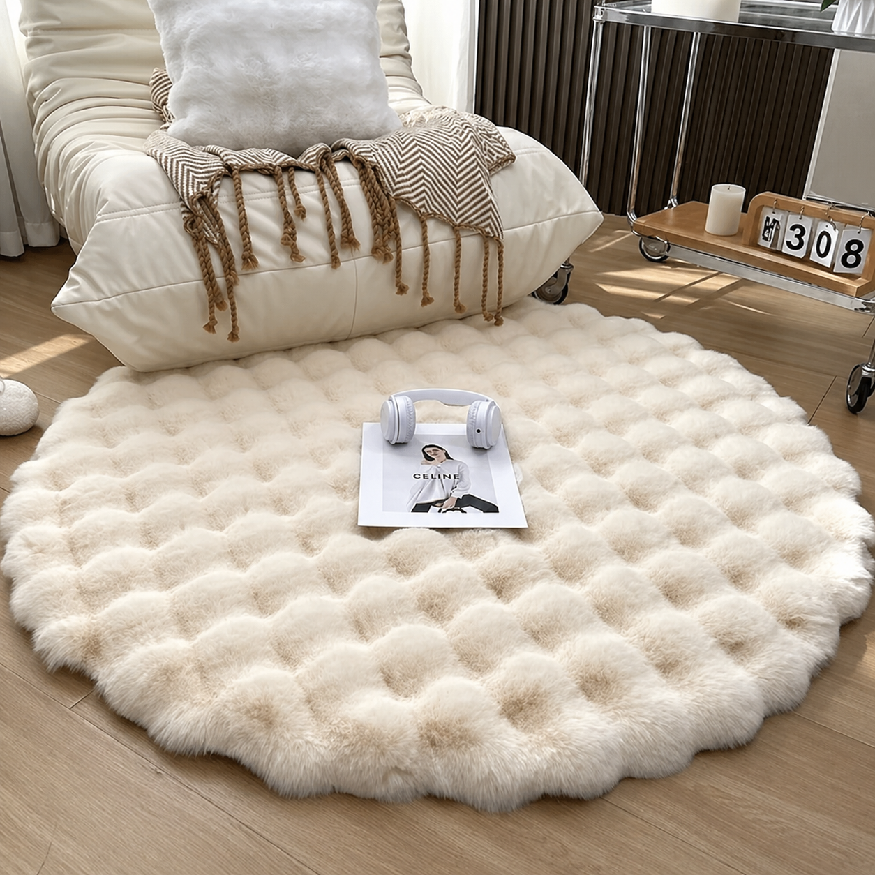 Cremebeiger runder Plüschteppich – weicher Sofa- und Wohnzimmerteppich