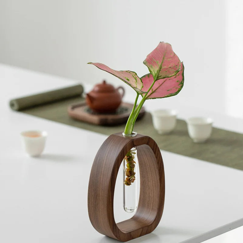 Solid Wood Flower Vase – Minimalist Glass Hydroponic Plant Holder