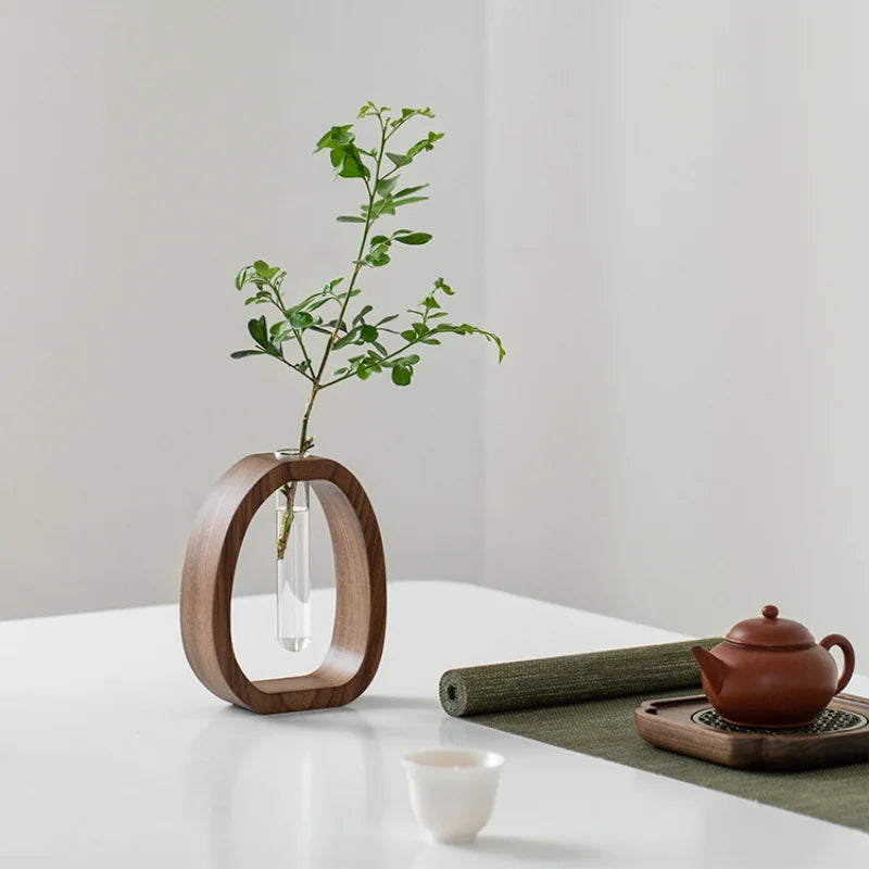 Solid Wood Flower Vase – Minimalist Glass Hydroponic Plant Holder
