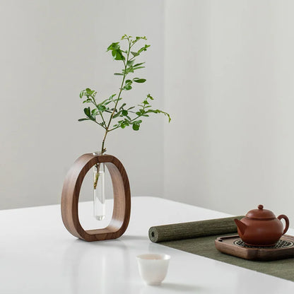 Solid Wood Flower Vase – Minimalist Glass Hydroponic Plant Holder