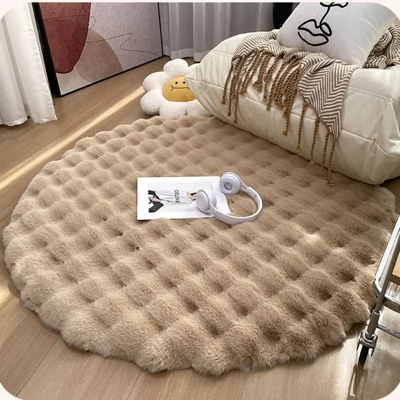 Cremebeiger runder Plüschteppich – weicher Sofa- und Wohnzimmerteppich