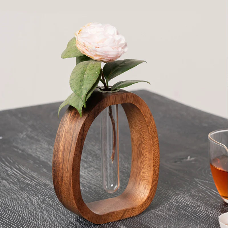 Solid Wood Flower Vase – Minimalist Glass Hydroponic Plant Holder