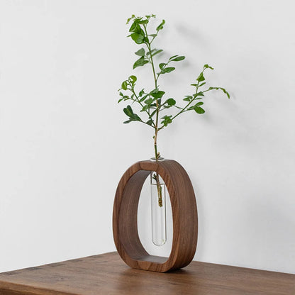 Solid Wood Flower Vase – Minimalist Glass Hydroponic Plant Holder