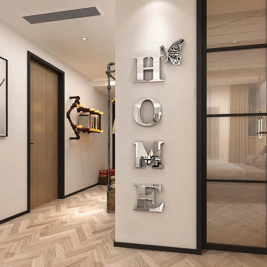HOME 3D Mirror Wall Sticker – Modern Entrance & Home Decoration