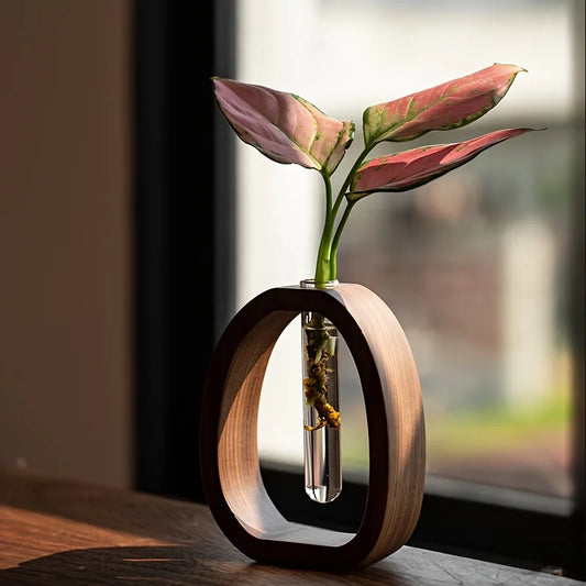 Blumen-Vase aus Massivholz – Minimalistischer Pflanzgefäß aus Glas für Hydrokultur